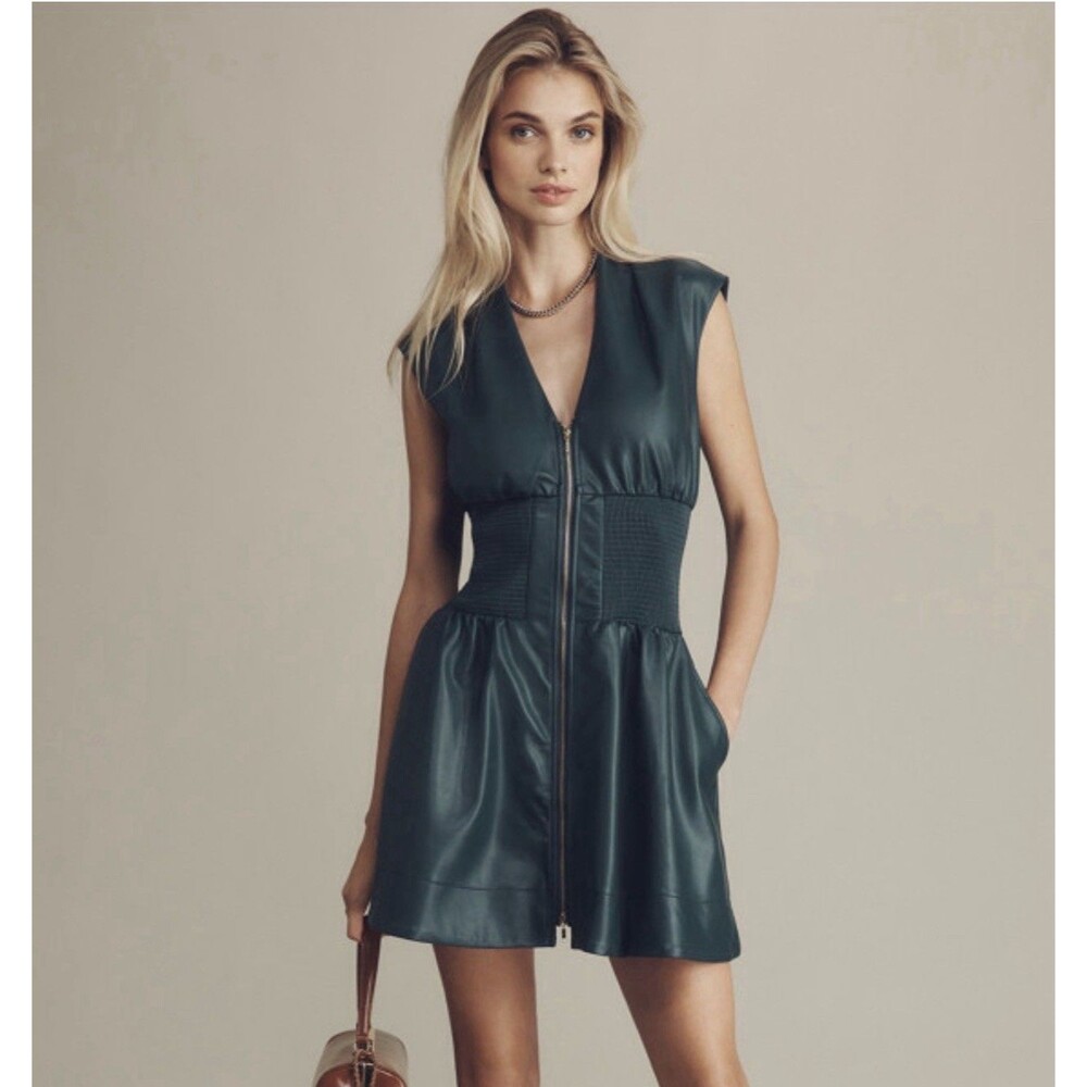 Anthropologie Mini Shirt Dress Green Tommie Faux Leather Front Zip Size XL NWT